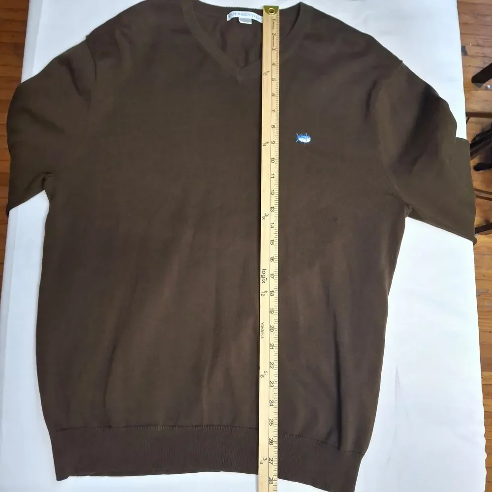 Title: Southern Tide Cotton V Neck Sweater Brown Blue Fish Logo Preppy Large